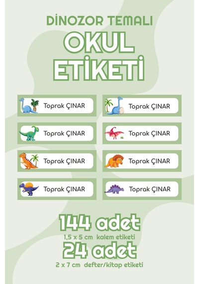 Dinozor Temalı Isimli Okul Etiketi Defter Kitap Kalem Sticker Set