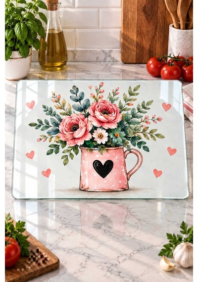 Gökçeoğlu Cam Kesme Tahtası Pembe Kupada Çiçek Temalı - Cam Kesme Tablası 30cm X 40cm Çok Renkli