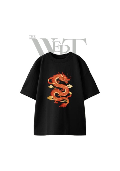 Thewert Red Chinese Dragon Tasarım Baskılı Ünisex Siyah Oversize T-shirt
