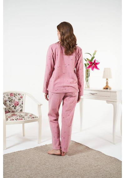 Estiva Önden Düğmeli Puantiyeli Fitilli Polar Bayan Pijama Takım Pembe