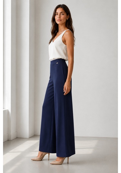Bihan Store Kadın Rahat Kesim Beli Lastikli Bol Paça Pantolon Y26-1603-lacivert
