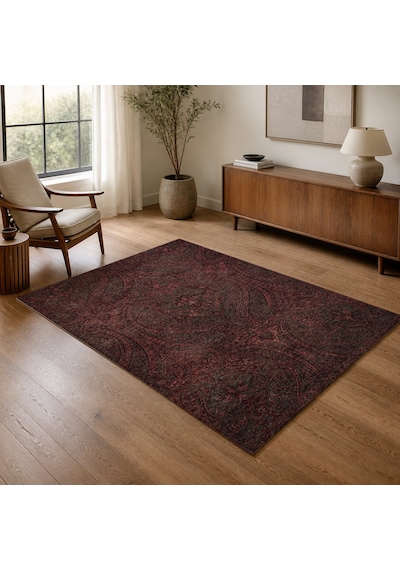 Kartela Halı Paisley Halı Kaymaz Taban Makinede Yıkanabilir Halı Bordo - 80 X 120 Cm