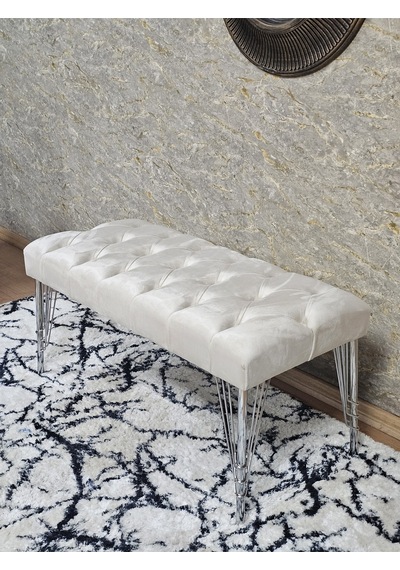 Zafir Krom Tel Ayaklı 90 Cm Puf Bench - Puf - Bench - Kasalı Oturak - Oturak - Yatak Ucu Puf Bej