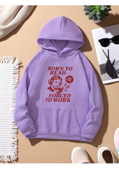 Uyguntarz Unisex Born To Read Baskılı Oversize Sweatshirt Lila