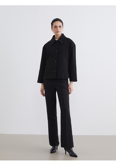Lcw Modest Siyah Gömlek Yaka Oversize Kadın Kaşe Kaban