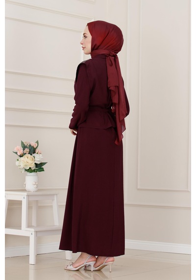 Sevitli Yeleği Taş Detaylı Tensel Elbise-bordo-5290
