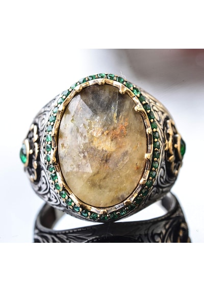 Erkekler İçin 925 Ayar Gümüş Yüzük - Gerçek Doğal 7 Karat Safir Taşı Gümüş