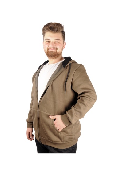 Mode Xl Erkek Sweatshirt Kapşonlu Zippered Basic 20543 Haki 001