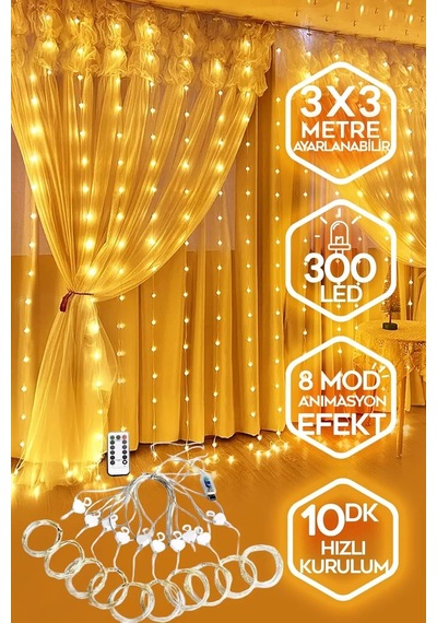 Kumandalı Peri Tel Led Aydınlatma 300 Ledli Perde Işık 10 Saçaklı 3x3 Metre Dekoratif Duvar Işığı Parti Ve Yılbaşı Süsü Usb Kablolu