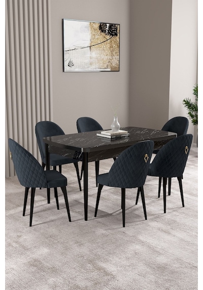 Milas Siyah Mermer Desen 80x132 Mdf Açılabilir Mutfak Masası Takımı 6 Adet Sandalye Antrasit Milas Siyah Mermer Desen 80x132 Mdf Açılabilir Mutfak Masası Takımı 6 Adet Sandalye Antrasit