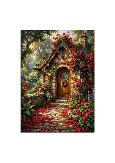 Güllü Kapılı Masal Evi Bahçesi Dekoratif Kanvas - Mdf Ahşap Tablo