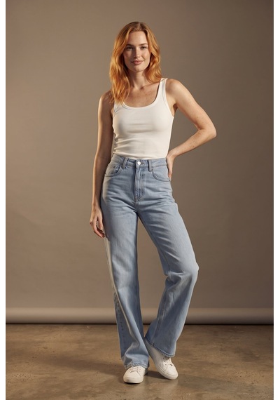 Soulshae Yüksek Bel Kemerli Geniş Paça Kot Pantolon Mavi