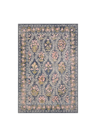 Cool Halı Daisy Kömür Mavi Bohem Halı Yıkanan Çiçek Desenli Dokuma Şönil Halı Otantik Vintage Halı