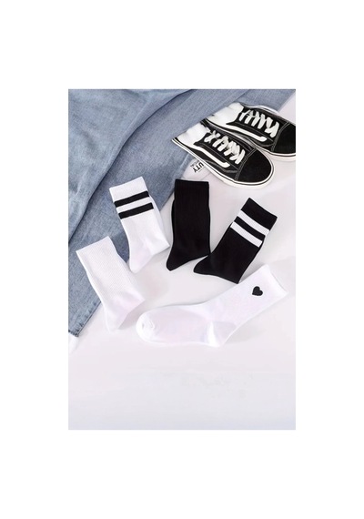 Hitit Socks Kadın 5 Çift Kalp Ve Çizgili Kolej Çorap Siyah Beyaz