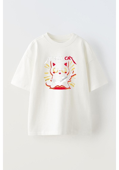 Thewert Unisex Metallıca Cat Red Tasarım Baskılı Pamuk Beyaz Oversize T-shirt