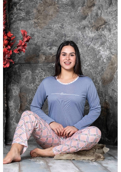 Lukitus Sıfır Yaka Uzun Kol Pamuk Kadın Pijama Takımı Mavi
