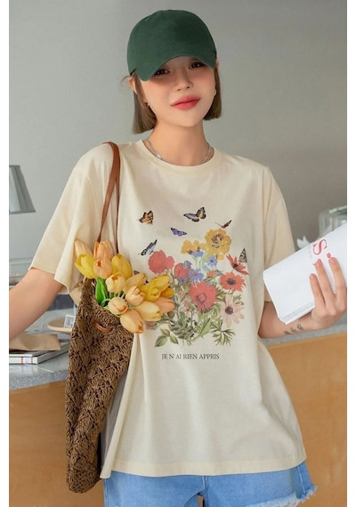 Unisex Pamuklu Butterfly Flowers Ön Baskılı Tasarım Tshirt Bej