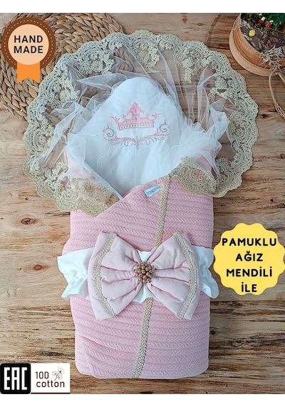 Pembe Triko Örgü Kız Bebek Batttaniyesi Kundağı Kalın Dantelli Yenidoğan Hastane Çıkışı Hediyelik Somon