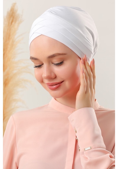 Melodi Scarf Kadın Üç Bantlı Çapraz Hazır Türban Dış Bone Beyaz Beyaz