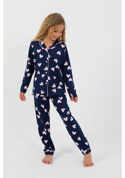 Kız Çocuk Uzun Kollu %100 Pamuklu Düğmeli Pijama Takımı Heartie Indigo