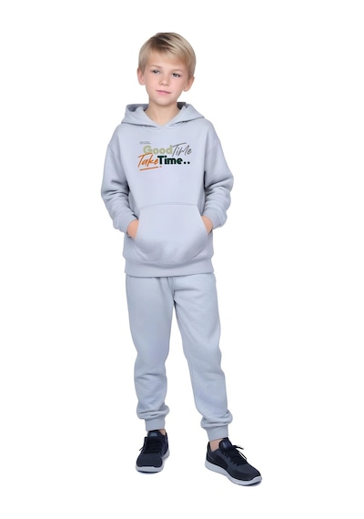 Fyk Kids Kapüşonlu Kanguru Cepli Yazı Baskılı Erkek Çocuk Eşofman Takımı Gri3