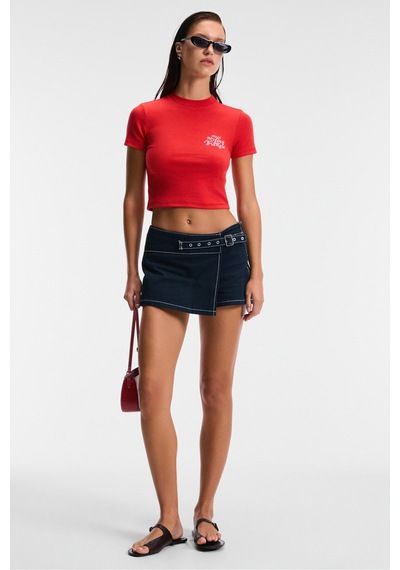 ETHIQUET MIREZA Kadın Baskı Detaylı Slim Fit Kısa Kollu Yuvarlak Yaka Kırmızı T-Shirt