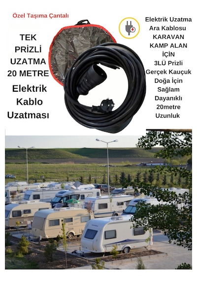 20metre Elektrik Tekli Priz - 3x2,5mm Çantalı Uzatma Şarj Kablosu Kamp Karavana Ara Elektrik Kablo 20 M