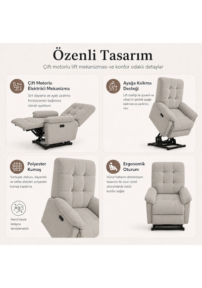 Smarto Relax Porto Liftli Çift Motorlu Elektrikli Ayağa Kalkma Destekli Polyester Hasta Ve Baba Tv Koltuğu Açık Gri
