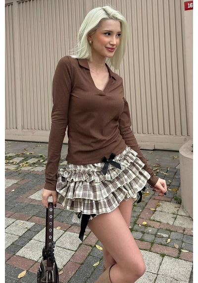 Madmext Acı Kahve Polo Yaka Fitilli Kadın Body Mg2566 Acı Kahverengi