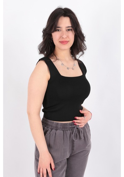 Fashion Friends 24y0327k1 Kadın Kare Yaka Fitilli Crop Örme Bluz Siyah