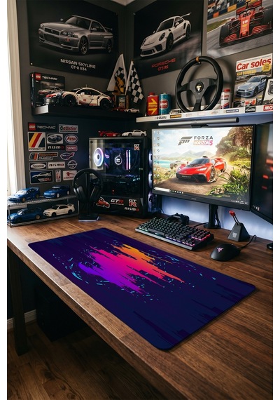 Glitch Gaming Mousepad Xxl 90x40 Cm Kaymaz Taban Dikişli Kenar Pembe Neon Oyuncu Masa Pedi