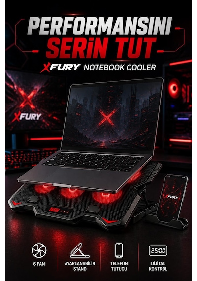 Fury E-sport Laptop Soğutucu 6 Fanlı Lcd Kontrol Panel Ayarlanabilir Dizüstü Bilgisayar Soğutma Fanı