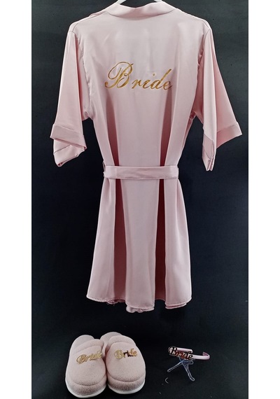 Bride Pembe Tüysüz Model Baskılı Sabahlık / Gecelik Taç Terlik S