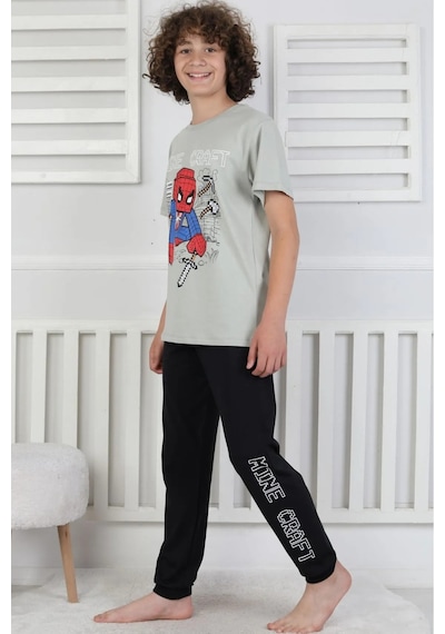 Bunny Hopp Erkek Çocuk Yazlık Kısa Kollu Baskılı Pijama Takımı %100 Pamuk 8-13 Yaş Yeşil