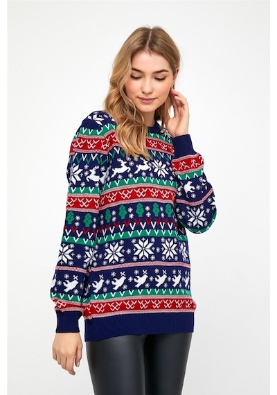 Tarz Cool Lacivert-kırmızı Kadın Christmas Yılbaşı Kazağı-kdncrs001r03s Lacivert-kırmızı