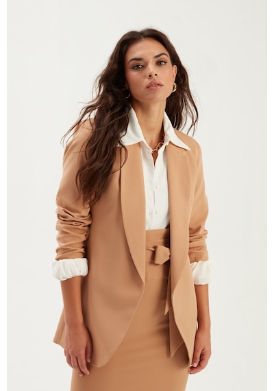 Sateen Klasik Yaka Uzun Ceket - Camel