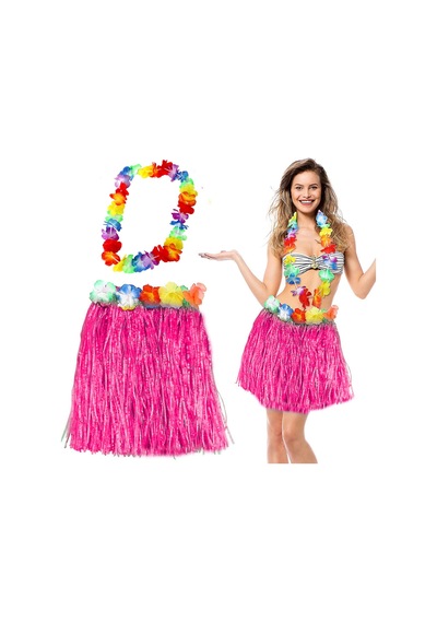 Hawaii Luau Ha Pembe Püsküllü 40 Cm Etek Ve Hawaii Kolye Seti