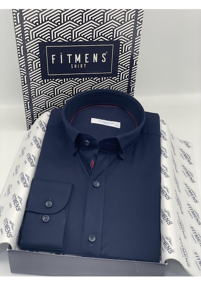 Slim Fit Uzun Kol Yıkamalı Gabardin Hediye Kutulu Erkek Gömlek Fs-001364 - Lacivert-1440