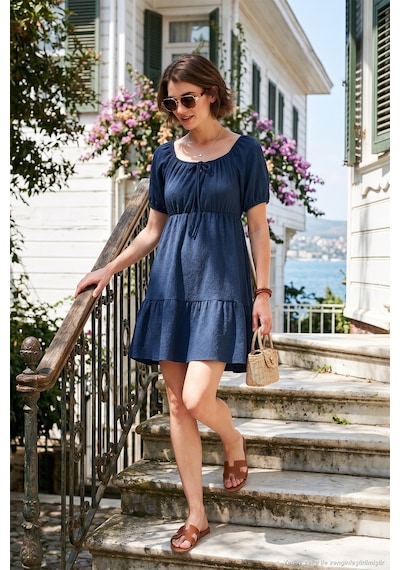 Lela Önü Büzgülü Balon Kollu Mini Bayan Elbise 5869005 Indigo