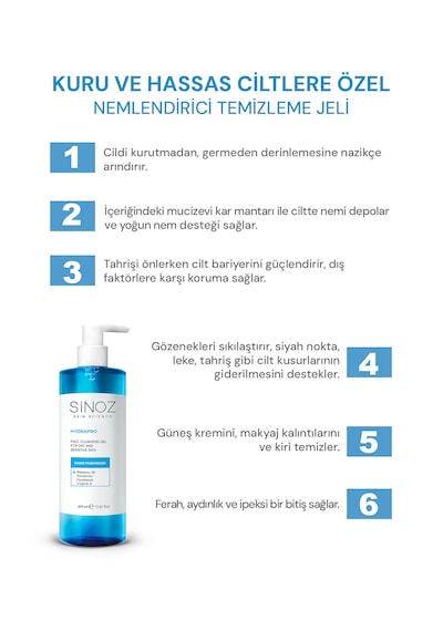Sinoz Hydrapro Kuru ve Hassas Ciltler için Nemlendiricili Yüz Temizleme Jeli 400 ML