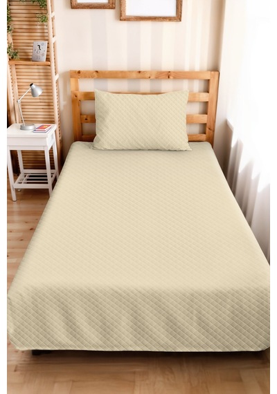 Krem Minimal Genç Odası Tek Kişilik Pike Takımı - Bej Geometrik 160x220 Cm Kapitone Yatak Örtüsü Pamuksu Kireç Gölgeliği