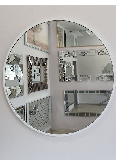 Ayna Denizi Circle Eighty White Model Beyaz Renk Metal Çerçeveli Yuvarlak Dekoratif Ayna Beyaz