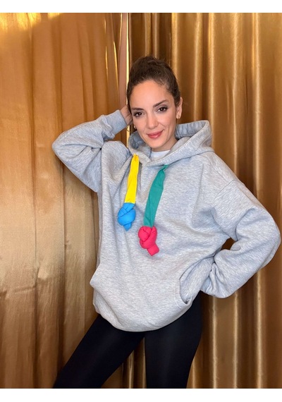Ali Butik Renkli Kordon Detaylı Gri Sweatshirt Gri