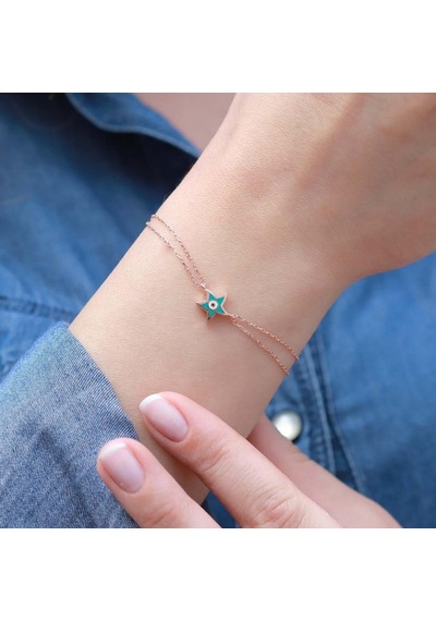 Açık Mavi Yıldız Figürlü Mine İşli Rose Gold Kaplama Gümüş Bileklik Gümüş
