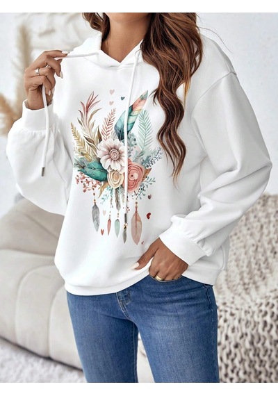 Startmore Coke Serisi Floral & Feather Print Drop Shoulder Drawstring Hoodie Beyaz