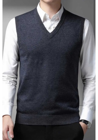 Tezzgelsin Erkek V Yaka Triko Tüylenmez Süveter Erkek Slim Fit Süveter Koyu Füme