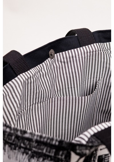 Fabric Craft Bag Omuz Çanta Keten Kumaş Siyah Beyaz Mimari Desen Siyah - Gri