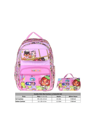 Kaukko Kids Nagy Pembe Kız Çocuk İlkokul Sırt Çantası Ve Kalem Çantası Seti - Setkk-l5333c