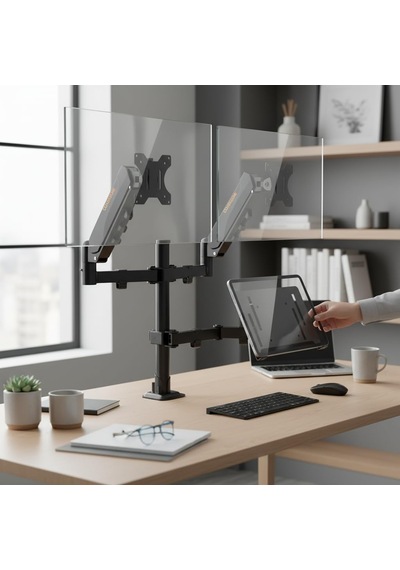 17 32 İnç Amortisörlü Çiftli Pivot Monitör Kolu Ve Tablet Kollu, Gazlı Yaylı, 2 9 Kg, Çift Montaj Seçeneği Sıkıştırma Ve Vidalama, 360 Döner, Vesa Uyumlu Stant, M03, Siyah