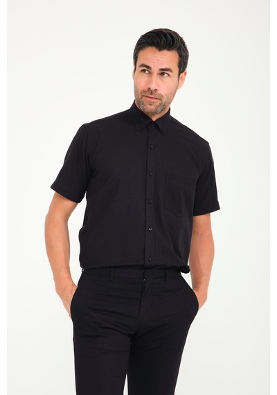 Klasik Kısa Kol Linen Keten Yaka Düğmeli Hediye Kutulu Erkek Gömlek Fs-001202 - Siyah-1691